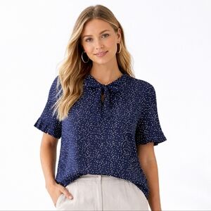 MIMI & DAPHNE Navy Polka-Dot Tie-Neck Short Sleeve Blouse XL